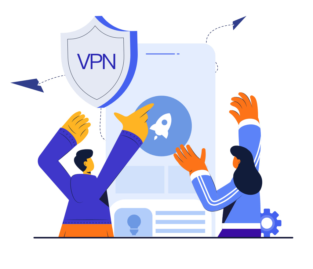 快连VPN安全防护示意图：盾牌、加密隧道与设备互联